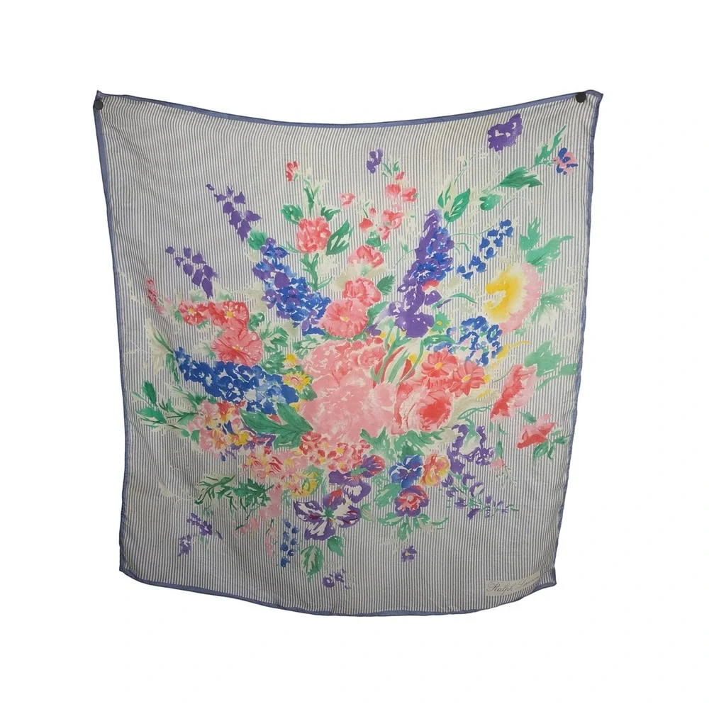VTG 1980's Ralph Lauren Silk Scarf 34x34 Blue White Striped Floral Cottagecore